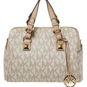 Michael Kors Grayson Medium Empire Logo Satchel Handbag Designer Neutral Casual‎